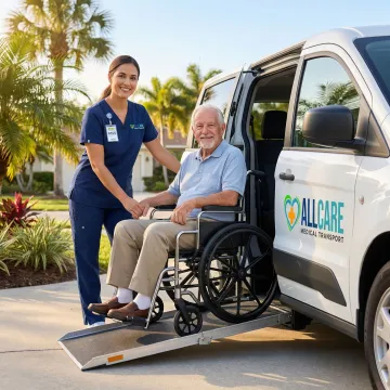 Certified medical transport specialist assisting elderly passenger