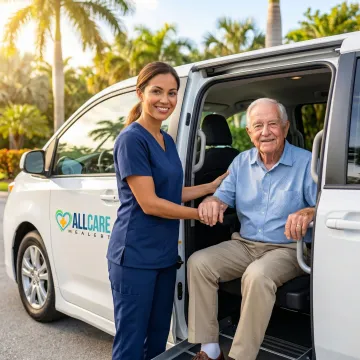 Senior citizen being assisted into medical transport vehicle in Deltona