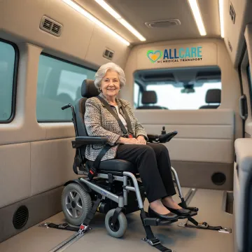 Elderly passenger relaxing comfortably inside wheelchair-accessible medical transport van