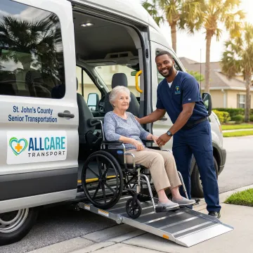 Professional driver assisting senior citizen into accessible medical transport vehicle