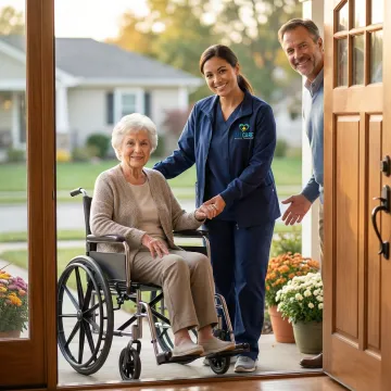 Medical transport specialist assisting elderly patient into home after hospital discharge