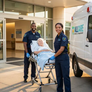 Medical transport team assisting patient from hospital to home