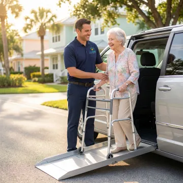 Caring driver helping senior citizen into accessible transport vehicle