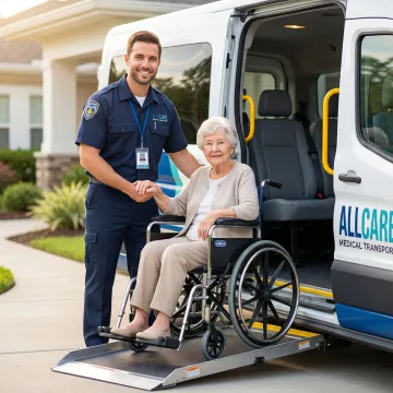Medical transport specialist assisting elderly patient into wheelchair transport vehicle