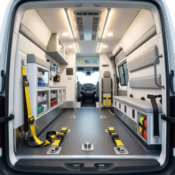 Interior of wheelchair-accessible medical van showing secure tie-down systems