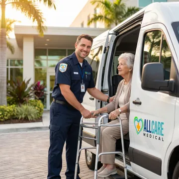 Friendly medical transport driver helping senior patient with walker enter vehicle