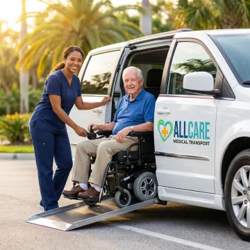 Medical transport specialist assisting patient into wheelchair-accessible vehicle for doctor appointment