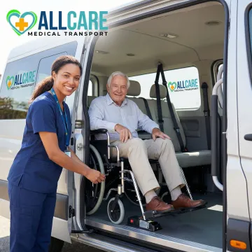 Medical transport specialist securing elderly passenger in wheelchair-accessible vehicle