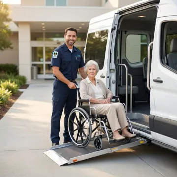 Professional medical transport specialist assisting senior citizen in wheelchair