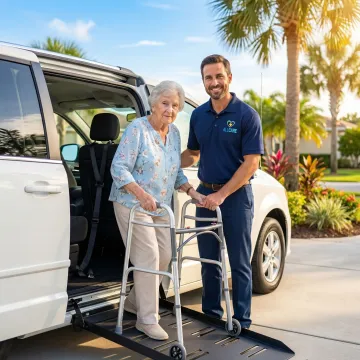Senior citizen being assisted into medical transport vehicle by certified professional driver