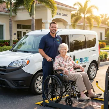 Professional medical transport staff assisting senior citizen into wheelchair-accessible vehicle