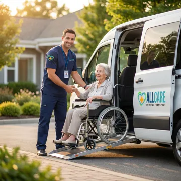 Medical transport specialist carefully assisting senior patient during post-surgical transfer