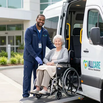 Senior patient being assisted into specialized medical transport vehicle after surgery