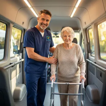 Healthcare transport professional helping senior dialysis patient into comfortable medical van