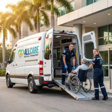 Professional medical transport vehicle arriving at a healthcare facility in St. Augustine