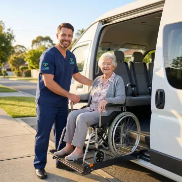 Certified medical transport specialist assisting elderly patient into wheelchair-accessible vehicle