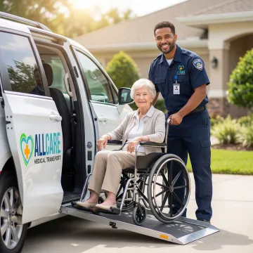 Professional transport specialist assisting senior citizen into accessible vehicle