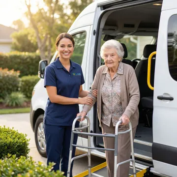 Caring transport specialist helping elderly woman with walker