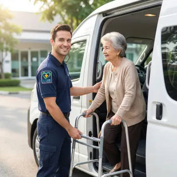Senior receiving compassionate assistance from certified transport specialist