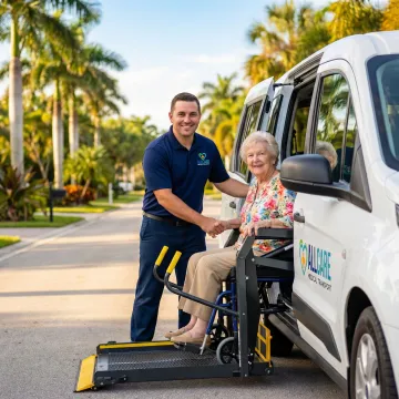 Professional medical transport specialist assisting senior passenger in Palm Coast