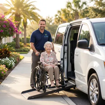 Elderly woman being assisted into wheelchair-accessible medical transport van by certified professional driver