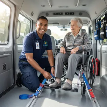Medical transport specialist securing elderly passenger in wheelchair-accessible van