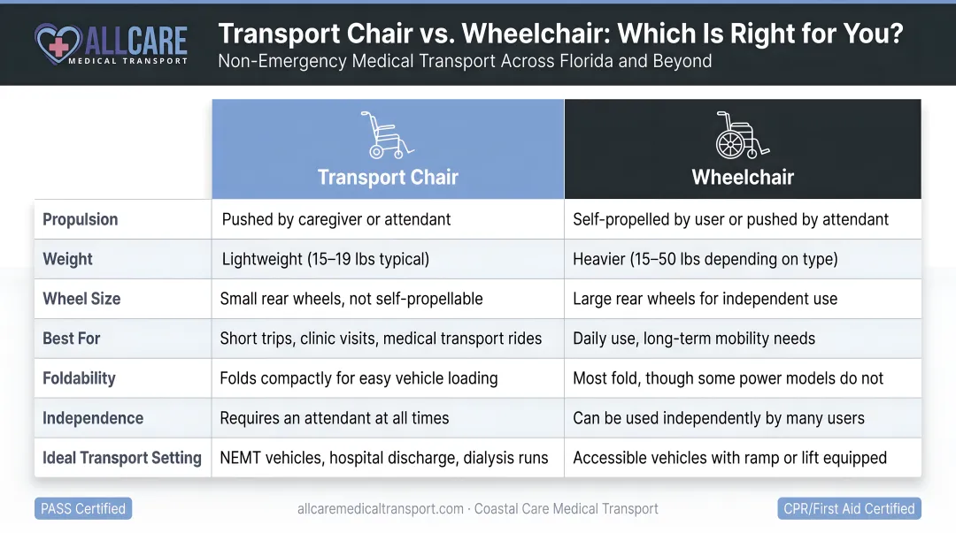 Transport chair versus wheelchair seven-feature side-by-side comparison infographic