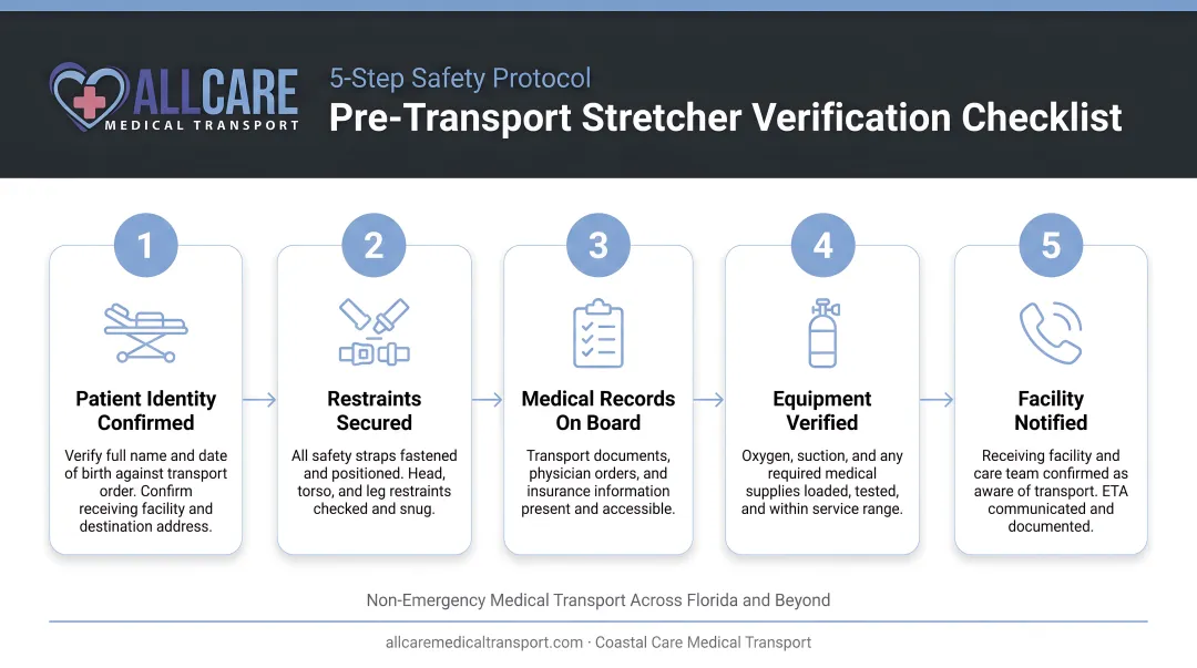 Pre-transport patient stretcher checklist five-step verification process infographic