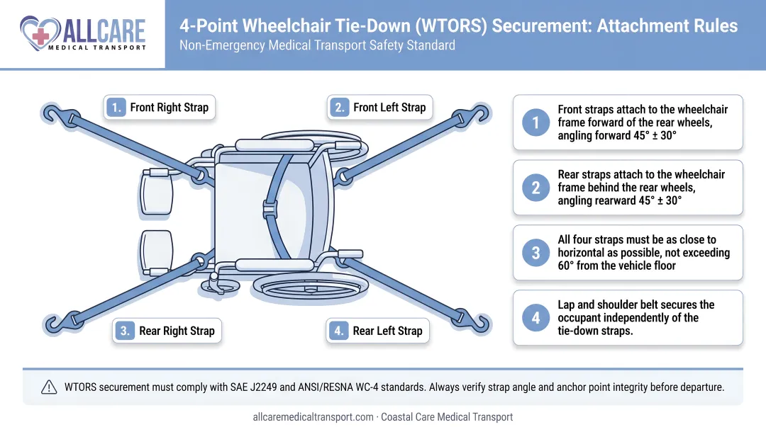4-point wheelchair tie-down WTORS securement system attachment rules diagram