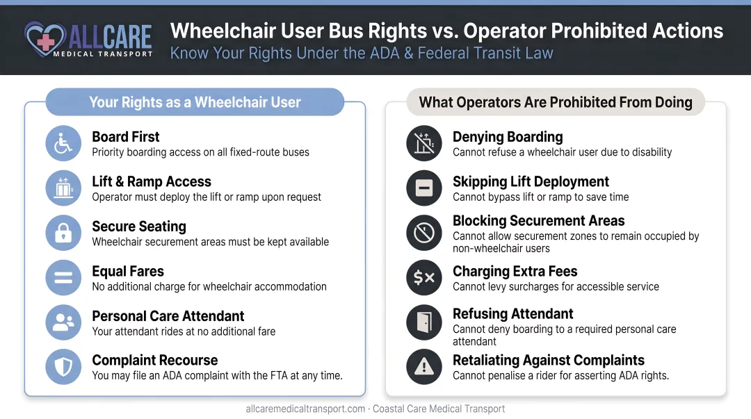 Wheelchair user bus rights versus operator prohibited actions side-by-side comparison