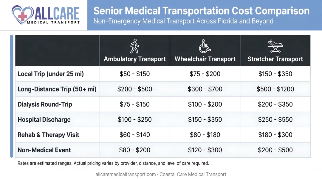 Senior medical transportation cost comparison by service type and vehicle class