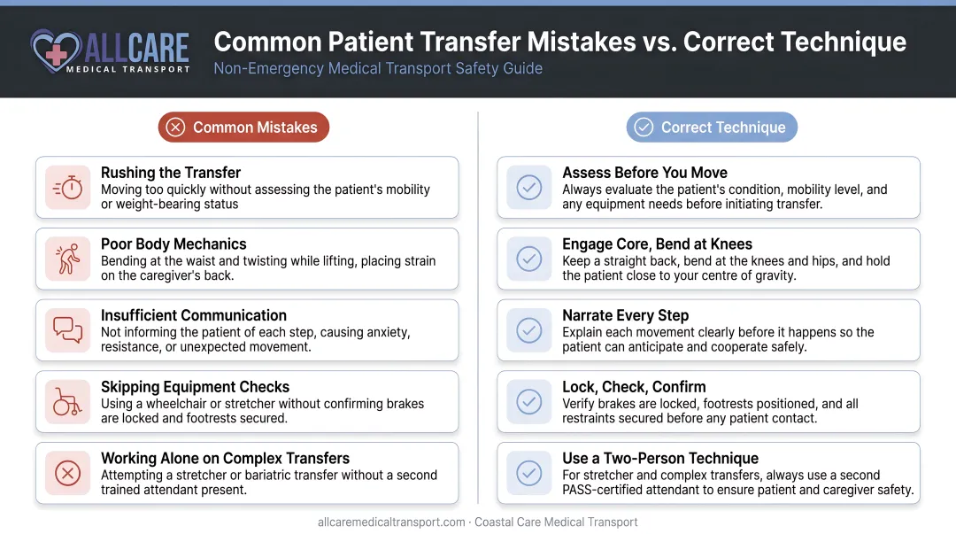 Common patient transfer mistakes versus correct technique side-by-side comparison infographic