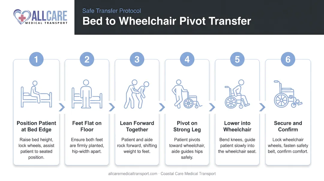 6-step bed to wheelchair pivot transfer process flow diagram