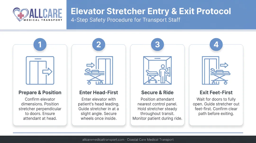 Elevator stretcher entry and exit four-step protocol procedure flow infographic