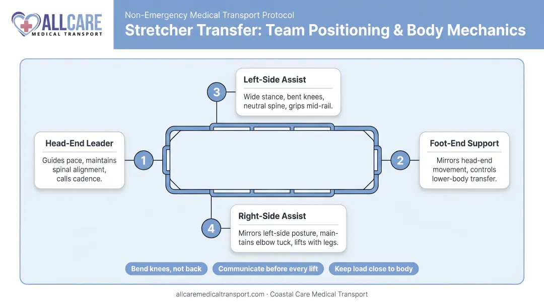 Stretcher patient transfer team positioning roles and body mechanics diagram