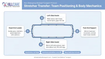 Stretcher patient transfer team positioning roles and body mechanics diagram