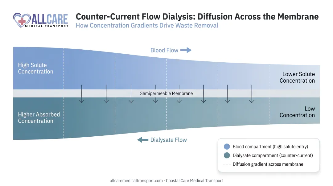 Counter-current flow dialysis diffusion process showing concentration gradient across membrane
