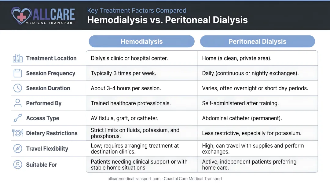 Hemodialysis versus peritoneal dialysis side-by-side comparison of key treatment factors