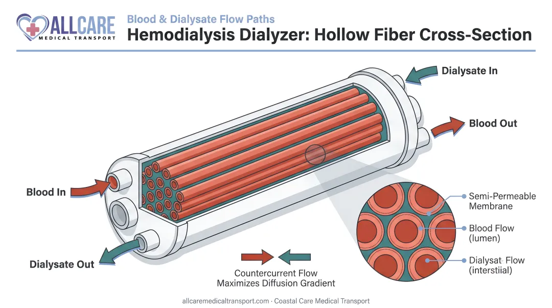 Hemodialysis dialyzer hollow fiber cross-section showing blood and dialysate flow paths