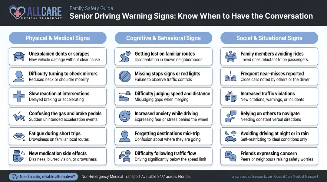 Senior driving warning signs checklist across three risk categories infographic