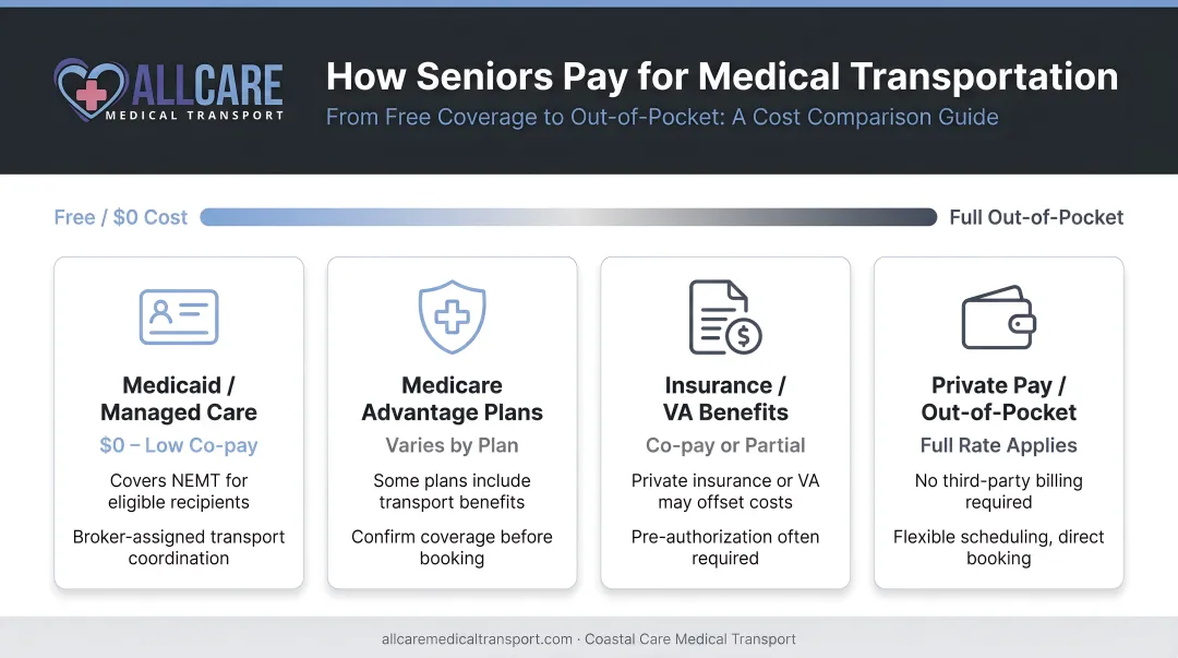 Senior transportation cost comparison by service type from free to out-of-pocket infographic