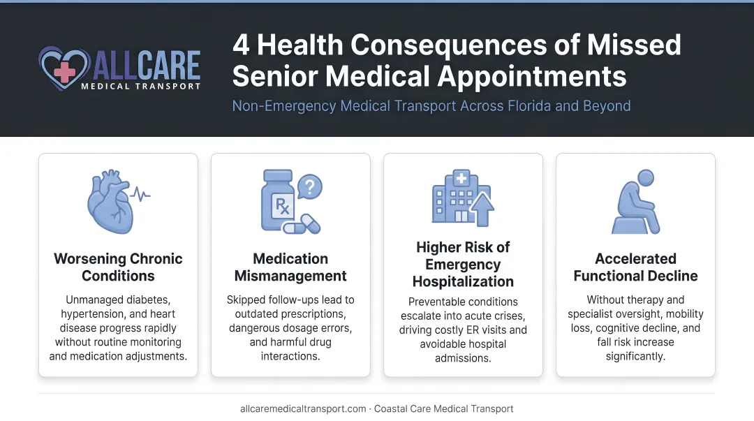 Four health consequences of missed senior medical appointments infographic