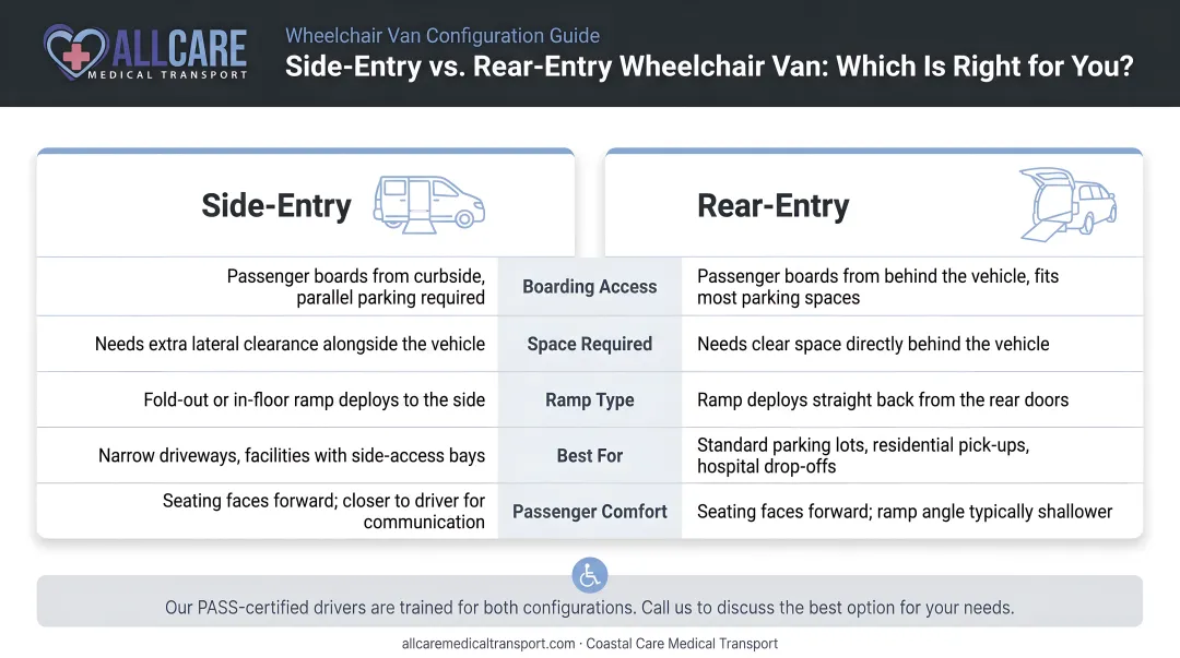 Side-entry versus rear-entry wheelchair van configuration comparison infographic