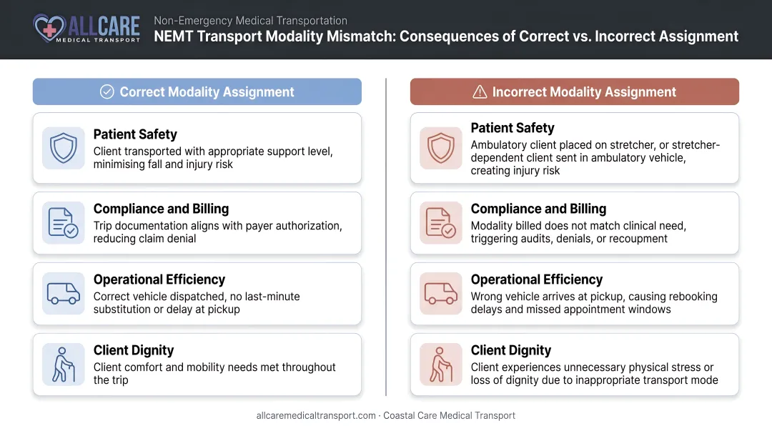 NEMT transport modality mismatch consequences comparison showing correct versus incorrect assignment
