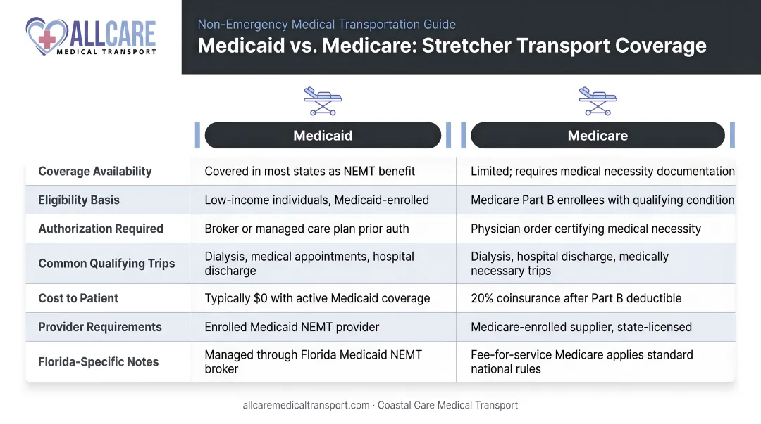 Medicaid versus Medicare stretcher transport coverage comparison infographic side by side