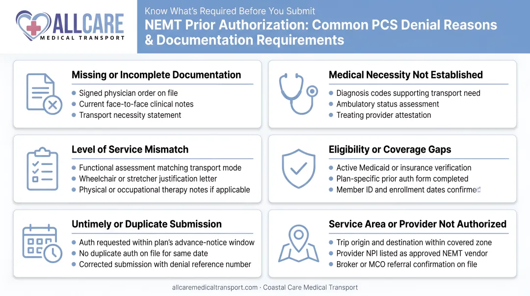 NEMT prior authorization PCS common denial reasons and documentation requirements breakdown