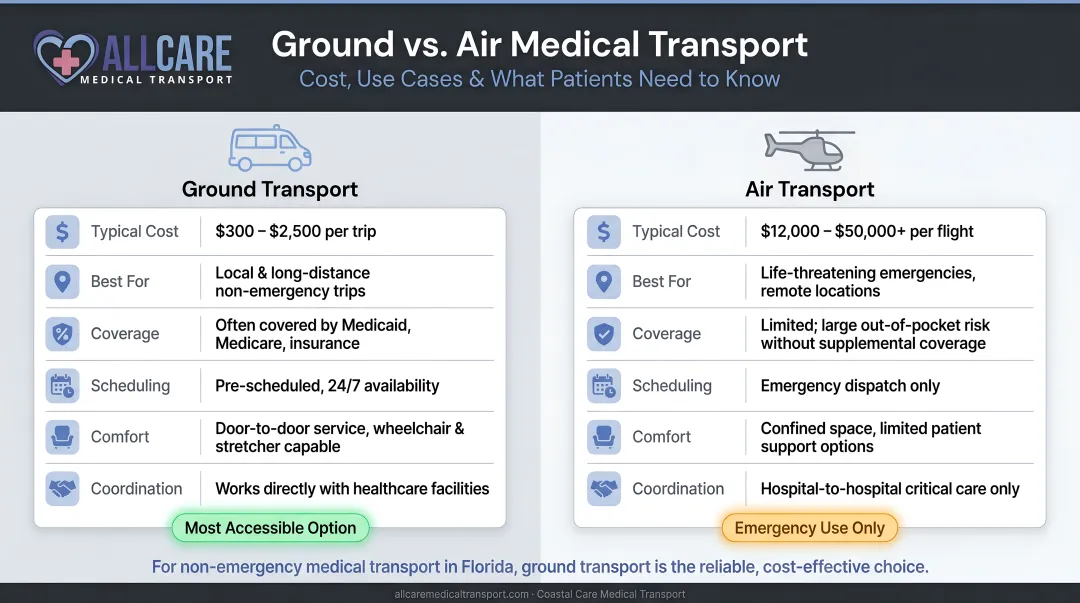 Ground versus air medical transport cost and use case comparison infographic