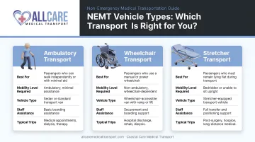 Three NEMT vehicle types comparison chart ambulatory wheelchair and stretcher transport