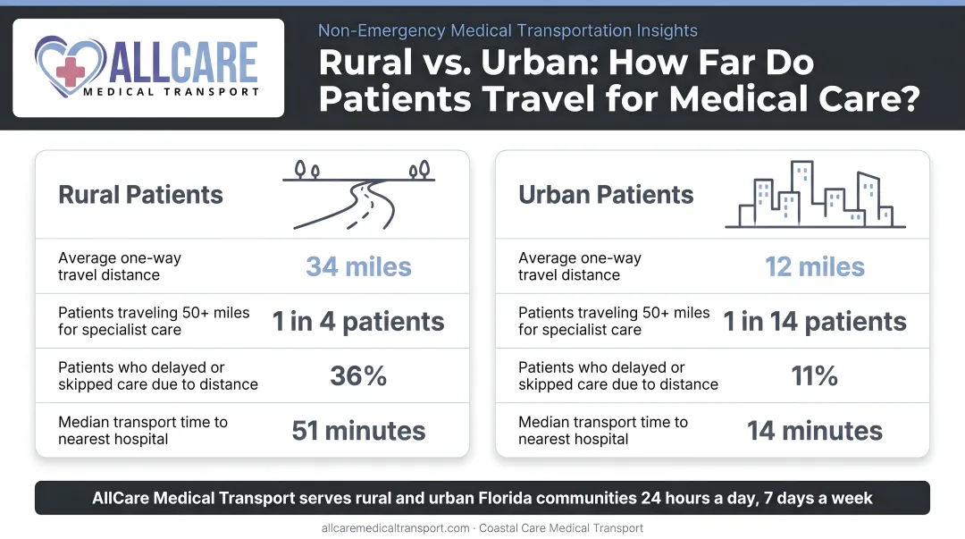 Rural versus urban medical travel distance statistics comparison infographic