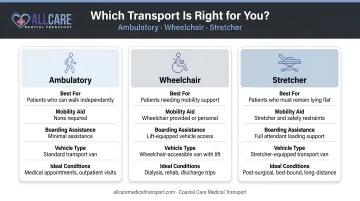 Three patient transport types ambulatory wheelchair and stretcher comparison infographic